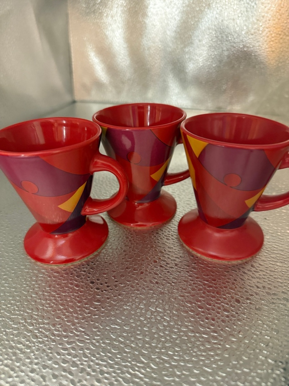 Red Geometric Footed Mugs - Set of 3